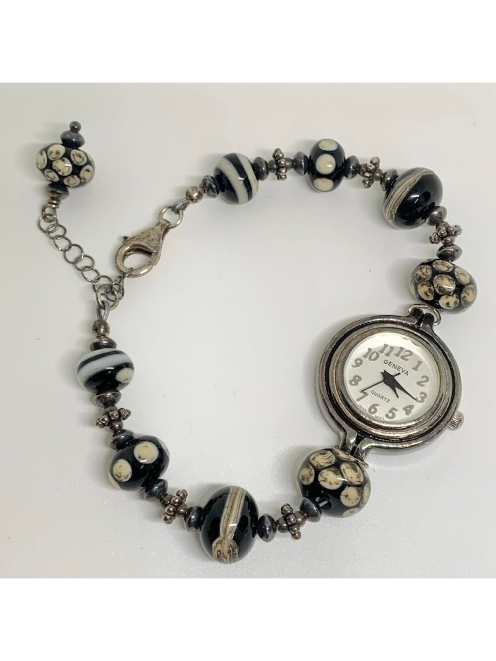 Vintage Geneva watch art glass beaded bracelet 925 silver clasp 6.5” running